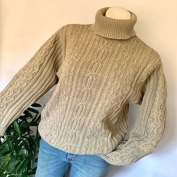 Vintage Sweaters - v i n t a g e :: Tan Turtleneck Granny Cable Knit Sweater
